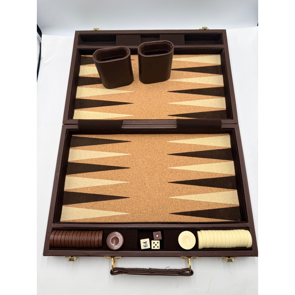 Vintage Backgammon Set Briefcase Brown Large Cork Inlay Travel Game